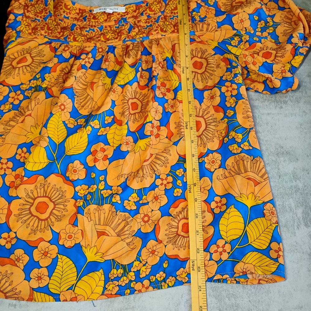 Rose & Olive Floral Top Womens XL Orange‎ Blue Retro Mod Flowy Lightweight - Picture 7 of 9